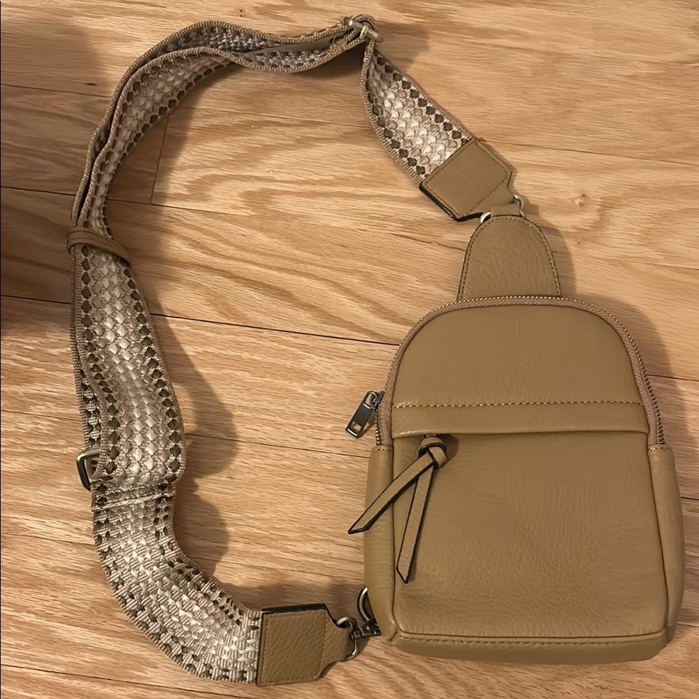 Tan Leather Crossbody Bag with Woven Strap